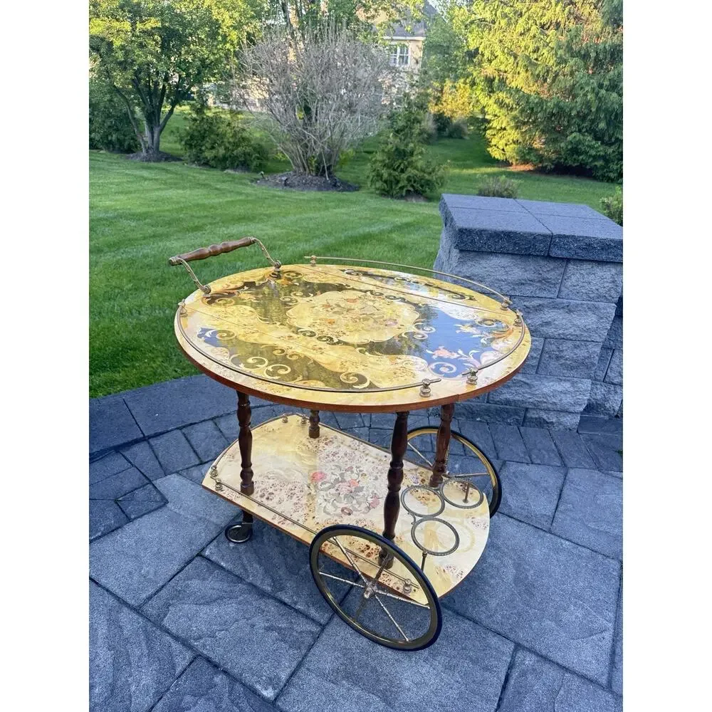 VTG Italian Marquetry Tea & Bar Cart Wood Serving Drop Leaf ~Great For Display